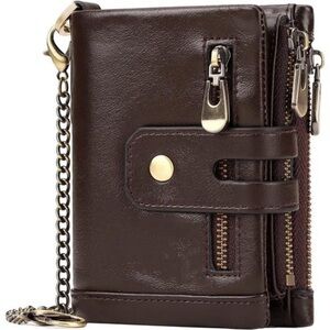 Chain Wallet for Men, Genuine Leather Bifold Wallet with ID Window